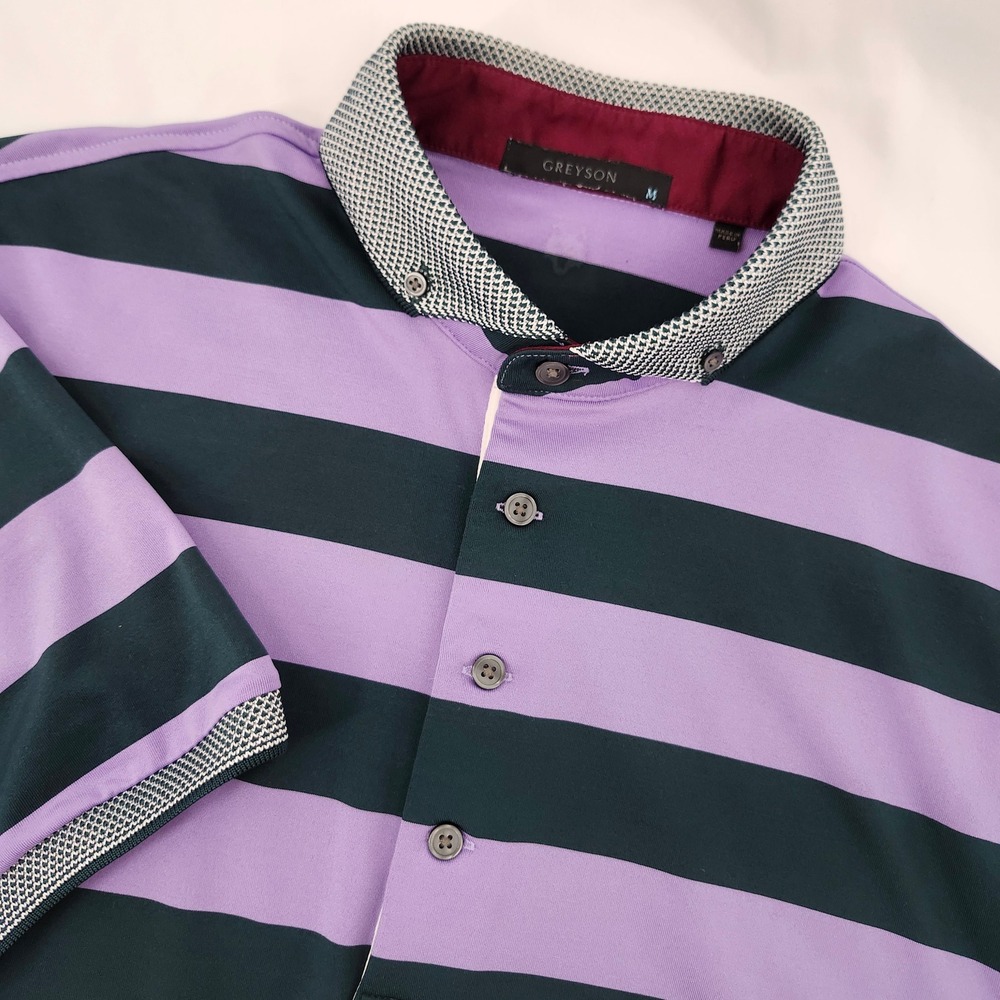 Greyson Mens Golf Polo Size M Purple Green Stripe Performance Country Club